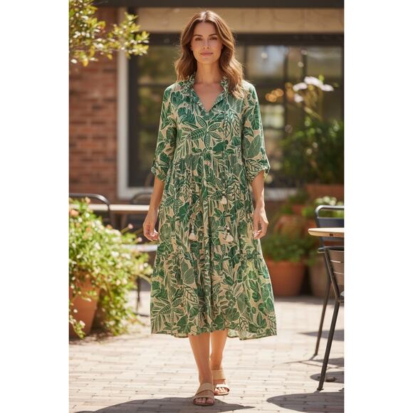 o.p.t Dresses & Skirts - $160 New O.P.T green & tan linen blend dress floral sz Small midi long sleeve